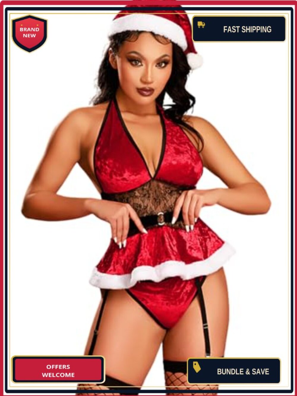 Christmas Lingerie Set 5Pc Santa Hat Stockings Velvet Womens Costume